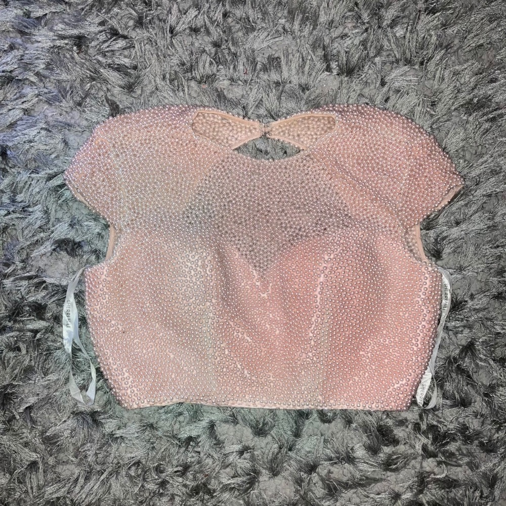 Sherri Hill Pearl Bodice Crop Top Womens 2 Pink Coquette Beaded Evening Blouse